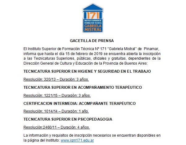 Carreras terciarias públicas, gratuitas y con títulos oficiales nacionales – Abierta la incripción